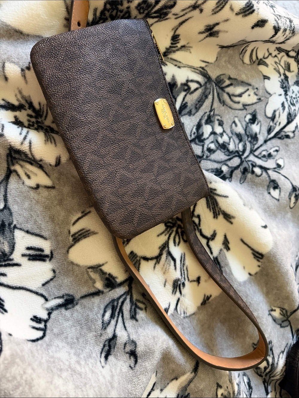 Michael Kors Dark Brown Logo Pebbled Crossbody Wristlet with Tan Strap